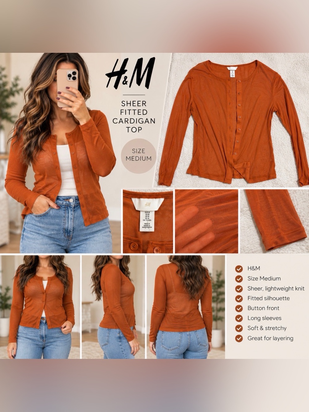 NWOT H&M Sheer Fitted Cardigan Top - Rust Orange